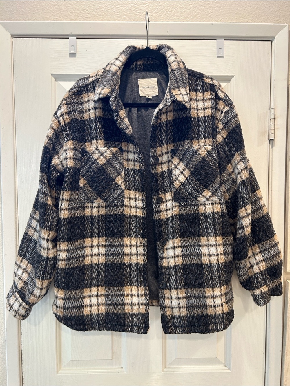 Thread & Supply Plaid Sherpa Shacket Jacket Brown Black XL Button Front - Picture 9 of 9